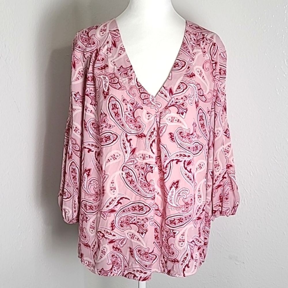 Soho NY & Co Pink & Rose Paisley Blouse, 3/4 Wide Sleeves, Size XL
